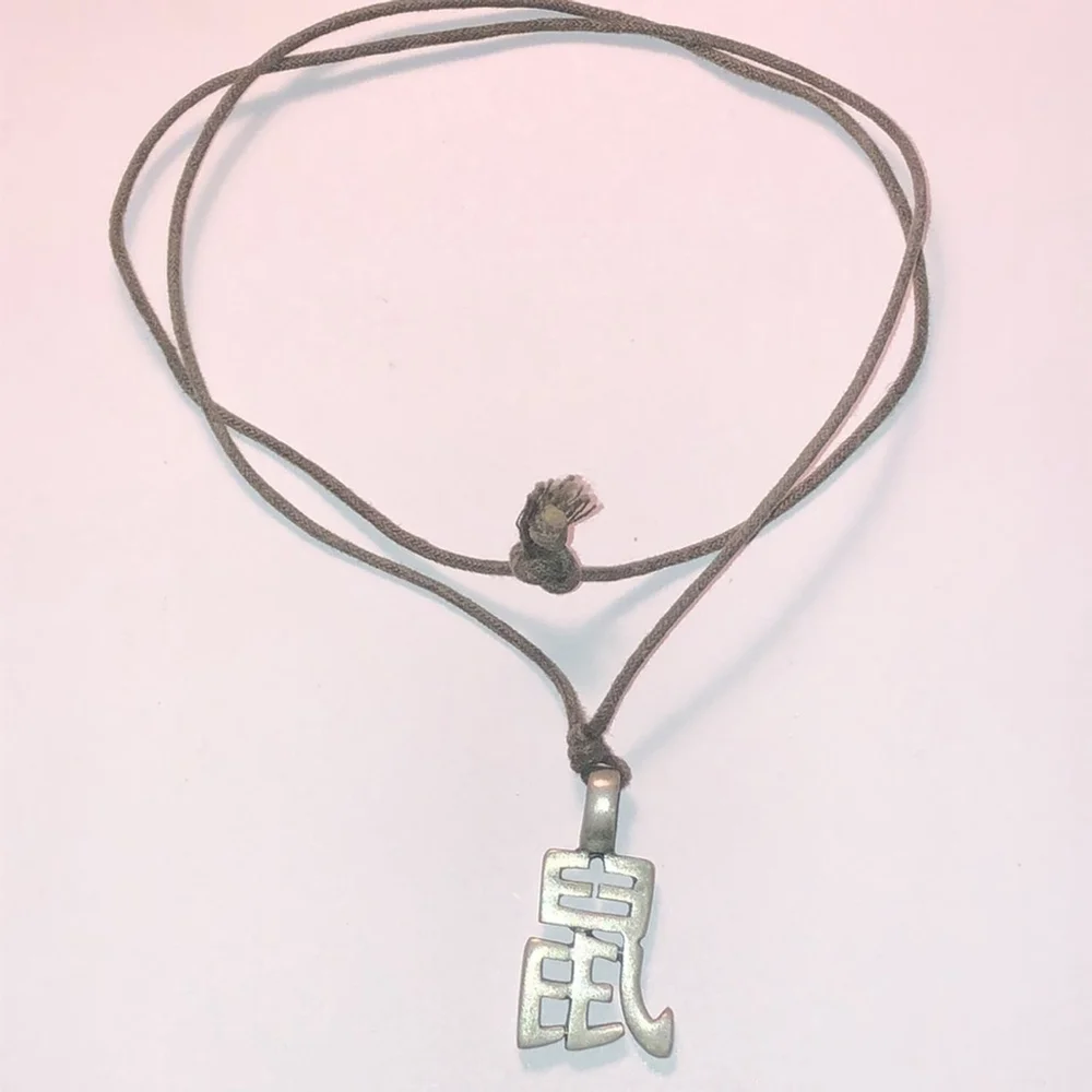 Chinese Zodiac Year of the Rat Pewter Pendant Fabric Cord Chain